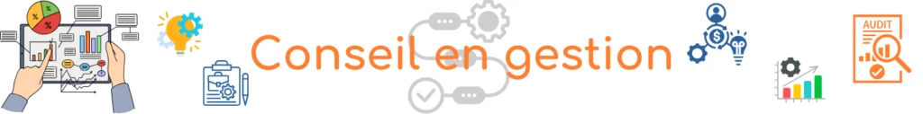 Illustration avec le texte « Conseil en gestion » flanqué d'icônes représentant divers concepts commerciaux tels que l'analyse, la génération d'idées, l'audit et la croissance financière.