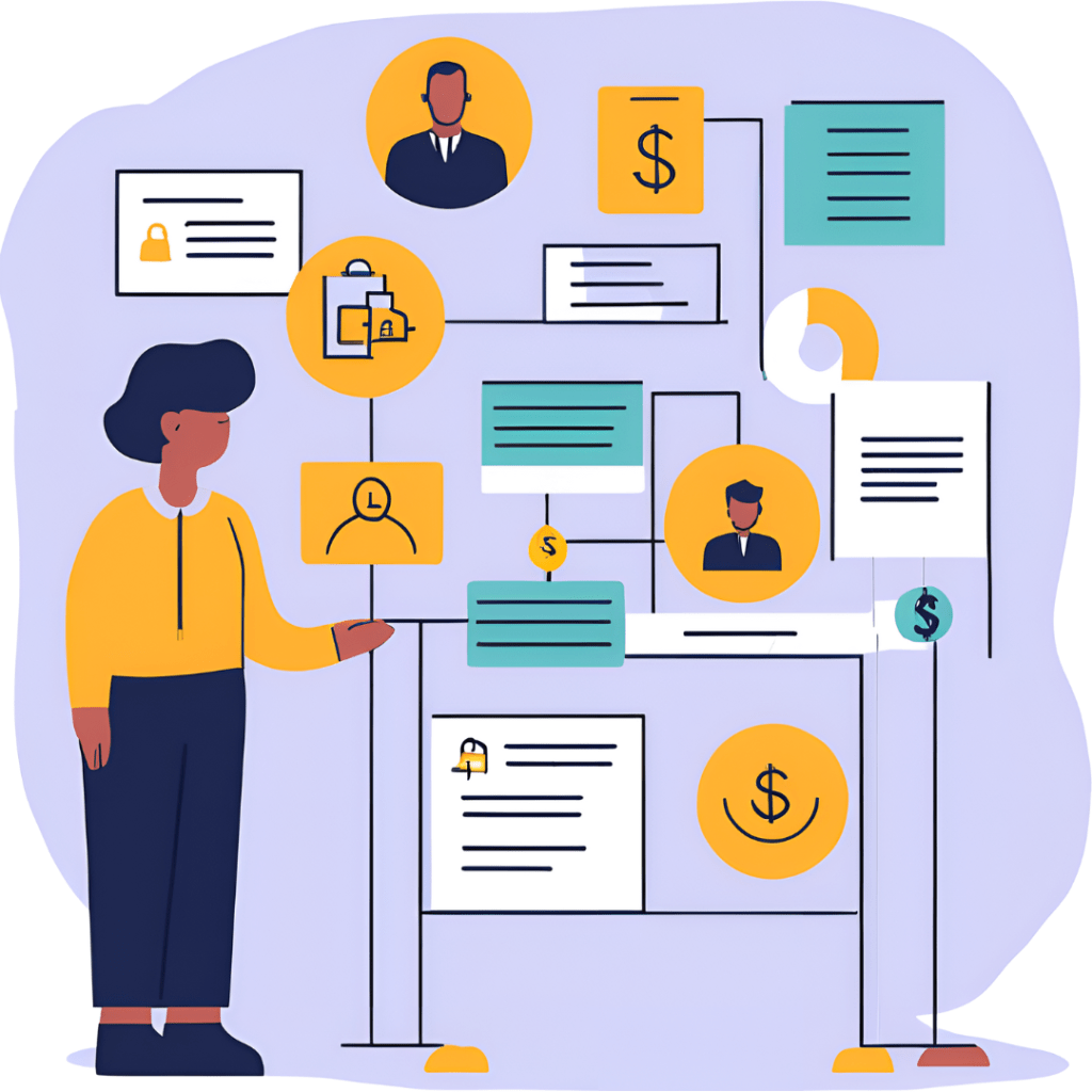 Illustration d'une personne analysant un organigramme avec diverses icônes interconnectées représentant des personnes, des documents et des symboles financiers sur un fond violet clair.