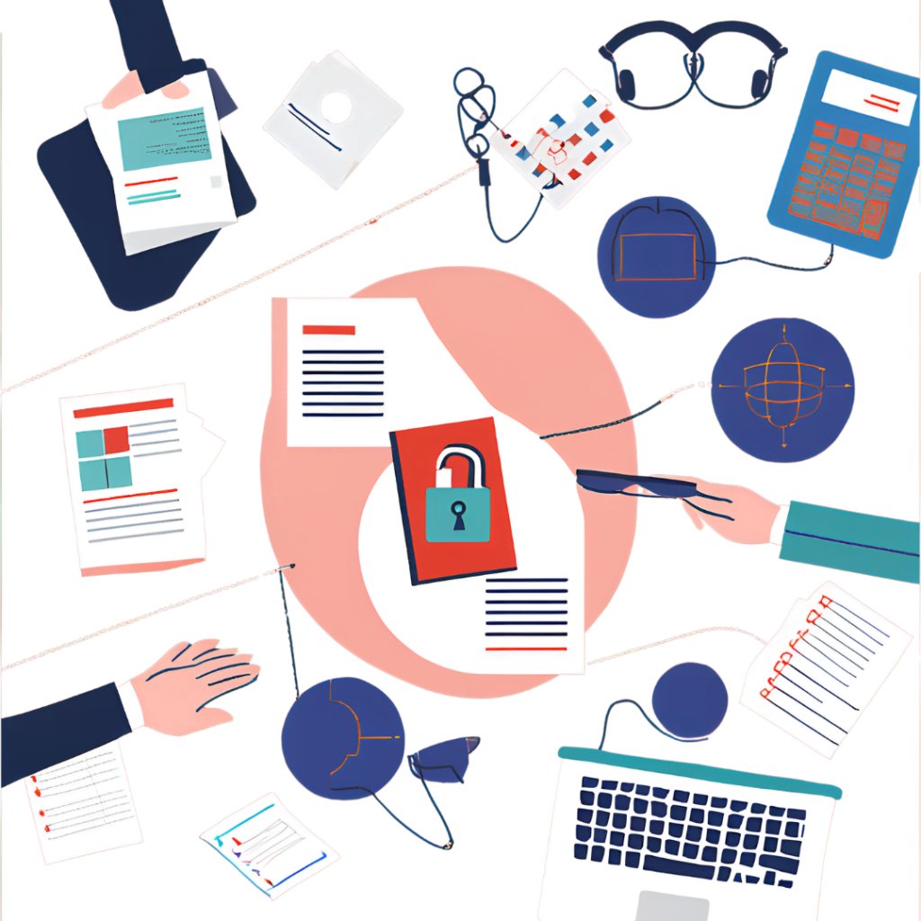 Illustration de divers éléments de bureau, notamment des documents, un ordinateur portable, une calculatrice, des écouteurs et un symbole de cadenas, suggérant une configuration de bureau axée sur la sécurité des données.