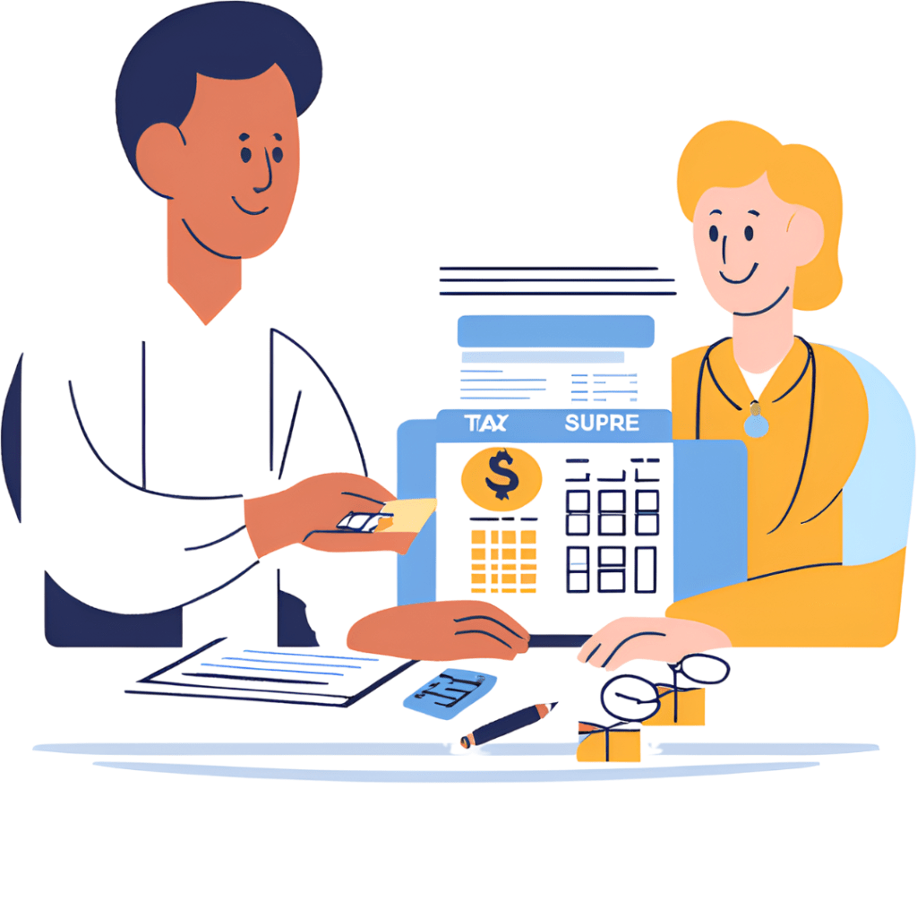 Illustration de deux personnes discutant d'impôts, de documents et d'une calculatrice sur la table. L'une des personnes tient un stylo tandis que l'autre pointe du doigt un document fiscal.