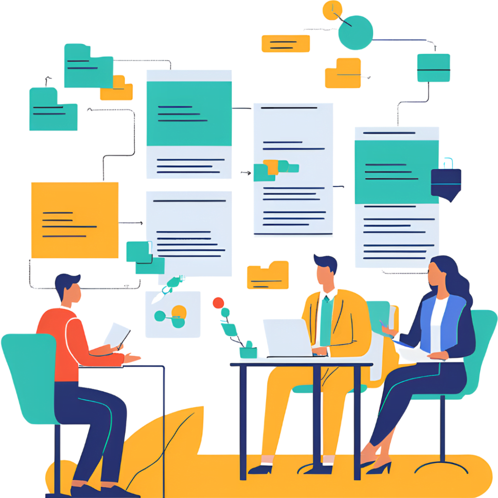 Trois personnes assises à des bureaux discutaient avec des organigrammes et des documents affichés sur un tableau blanc derrière elles.