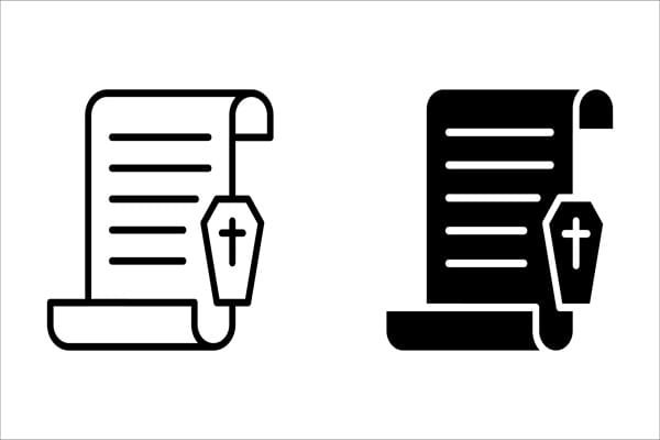Deux icônes représentant un parchemin sur lequel figure un cercueil orné d'une croix, disponibles à la fois en version contour et en version remplie.