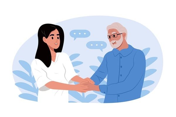 Une jeune femme et un homme plus âgé, qui se tiennent la main et discutent.