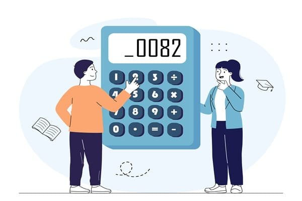 Deux personnes se tiennent à côté d'une grande calculatrice sur laquelle s'affiche le nombre 0082.
