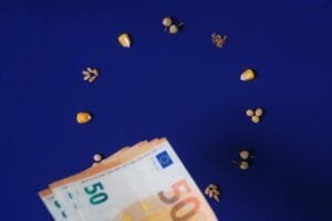 Des billets de cinquante euros étaient disposés en éventail sous un cercle de graines diverses, agencées comme les chiffres d'un cadran d'horloge sur fond bleu.