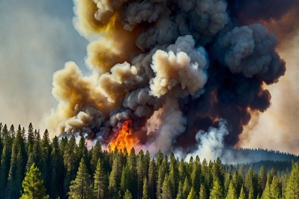 Un incendie de forêt fait rage dans une forêt de conifères, projetant dans le ciel un énorme panache de fumée noire.