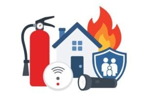 Un extincteur, un détecteur de fumée, une lampe de poche, ainsi qu'une maison avec une icône représentant un incendie et un blason familial.