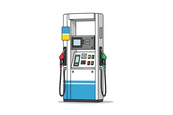 Illustration d'une pompe à essence avec un pistolet rouge à gauche et un pistolet vert à droite.