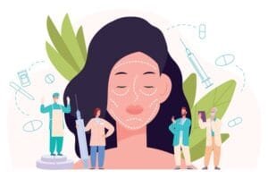Illustration représentant le visage d'une femme marqué de traces chirurgicales, entouré de professionnels de santé, de seringues et de comprimés.